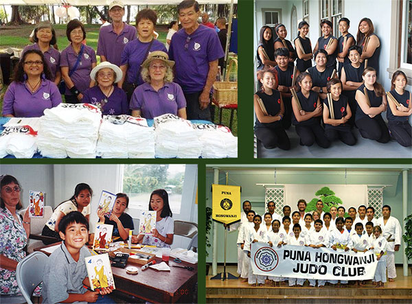 photo collage: BWA at Aids Walk, taiko group, judo group, dharma school students making cards